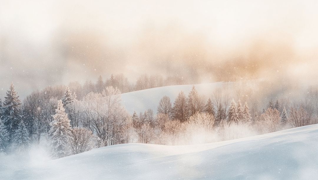 Sunlit frosted forest on snowy hillside with drifting snow and low mist
