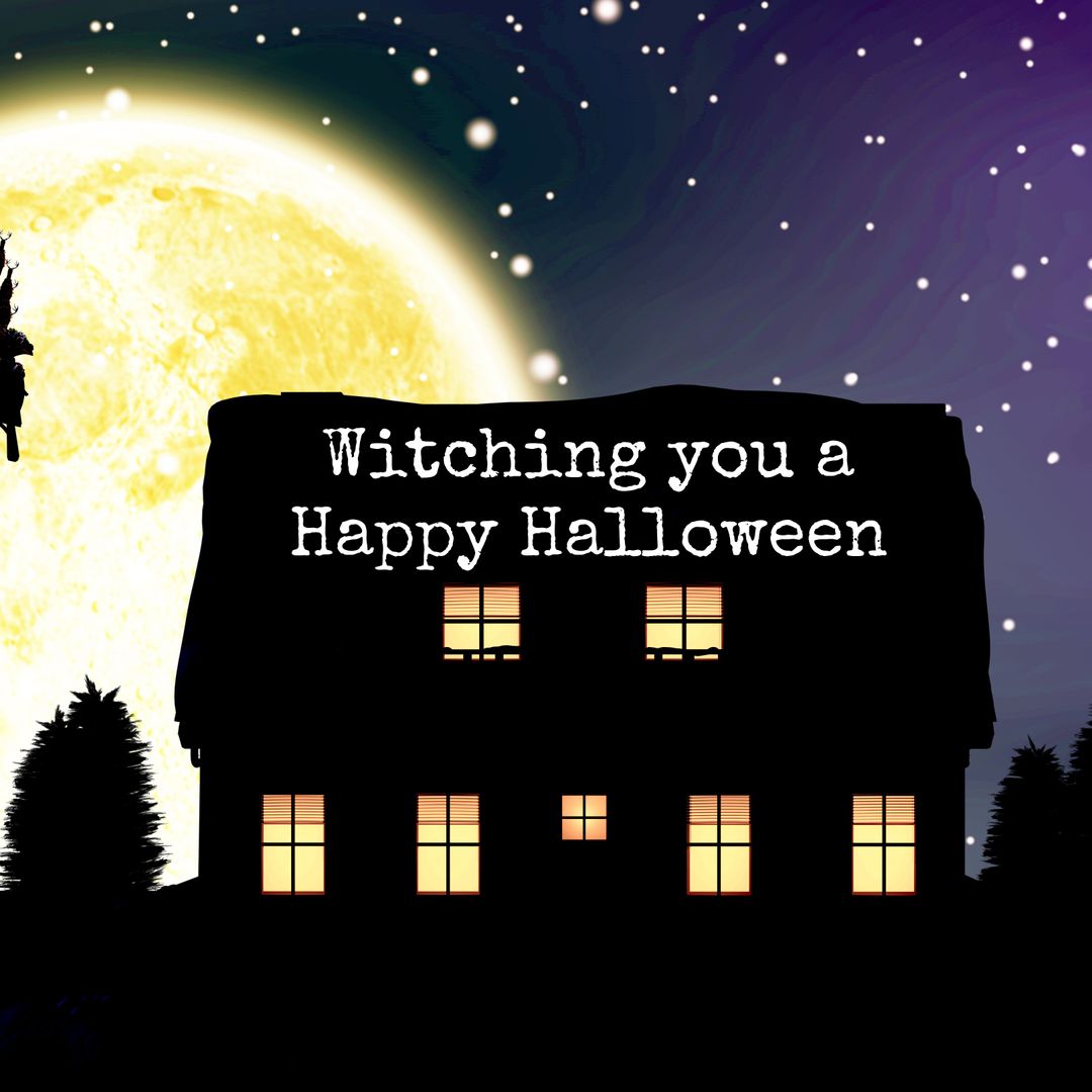 Happy Halloween Greeting with Spooky House and Full Moon