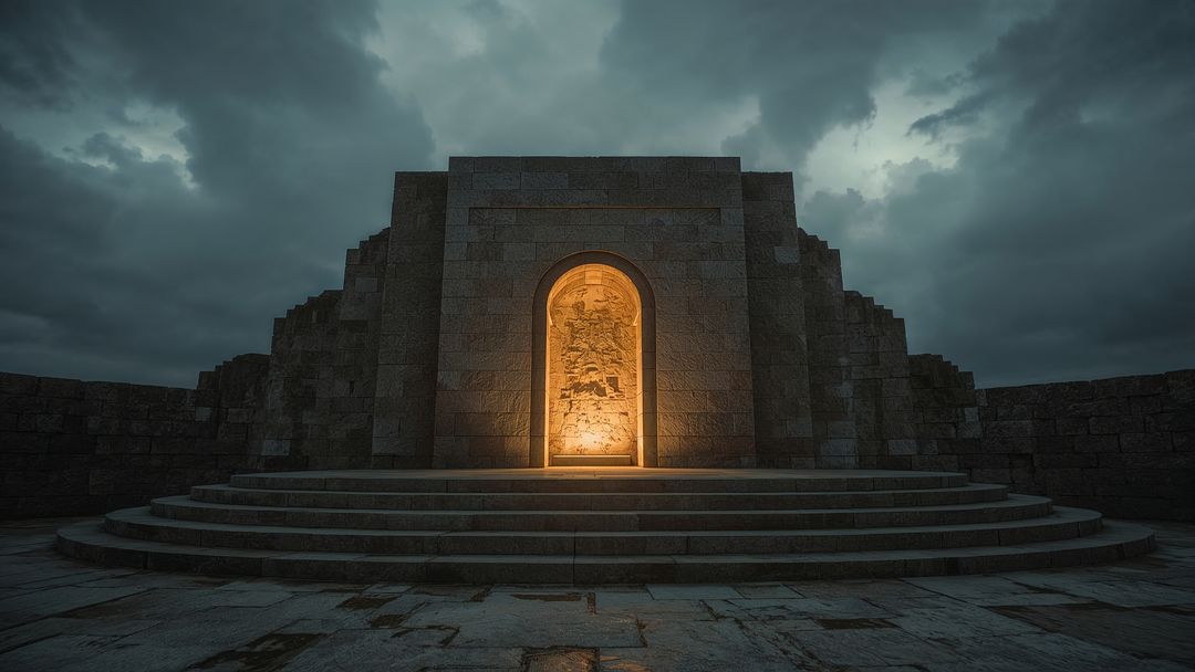 Dramatic Monument with Illuminated Niche Under Moody Sky