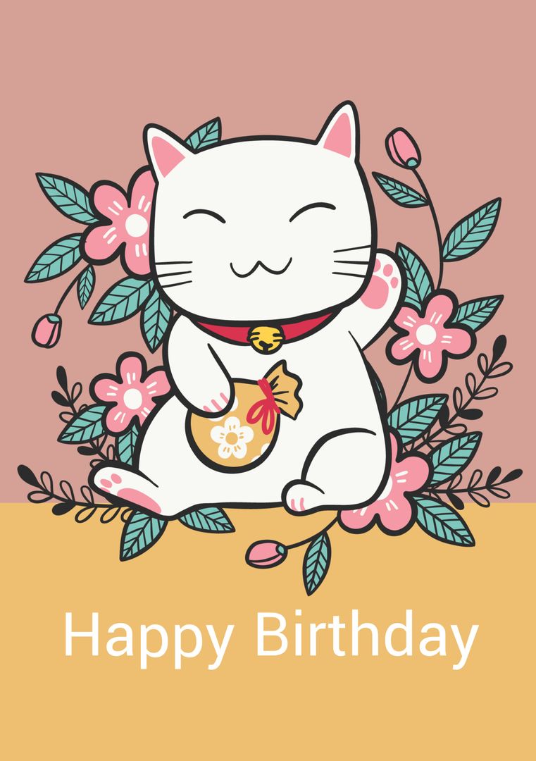Happy Birthday Greeting with Cute Cartoon Cat and Flowers - Download Free Stock Templates Pikwizard.com