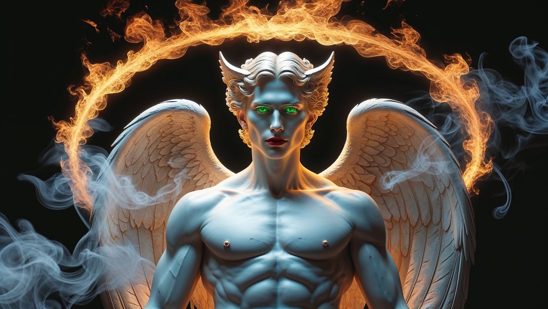 Mystical angelic lucifer with flaming halo and wings