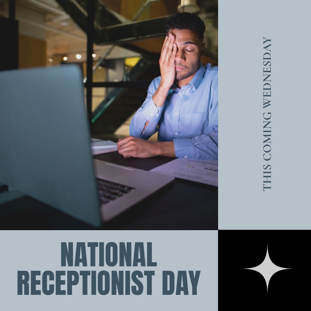 Tired Businessman at Desk Highlighting Receptionist Day
