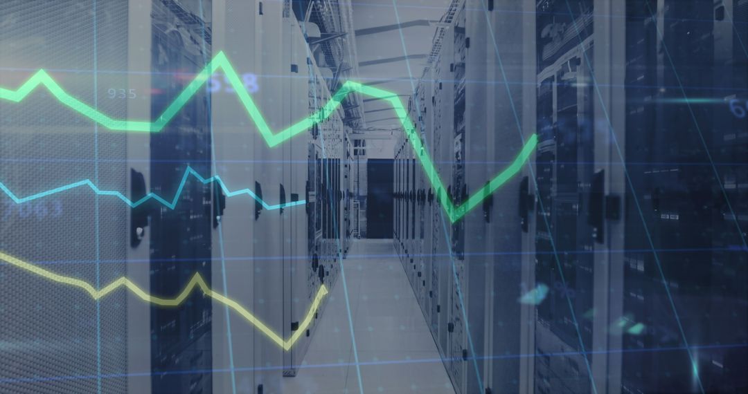 Digital Graph Over Data Center Aisle Reflecting Financial Trends
