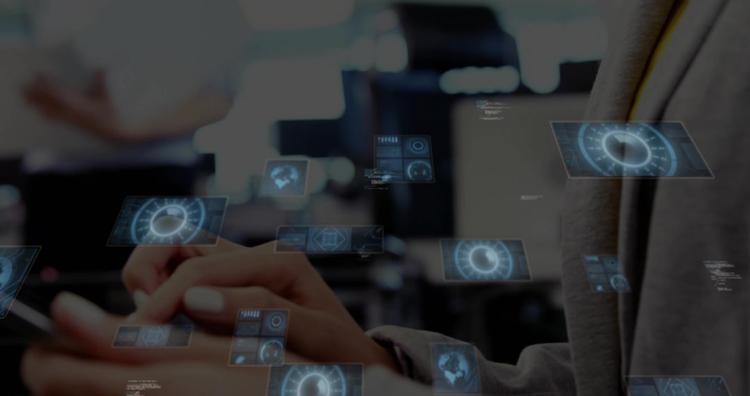 Businesswoman Tapping Tablet Controlling Holographic Interface in Collaborative Office