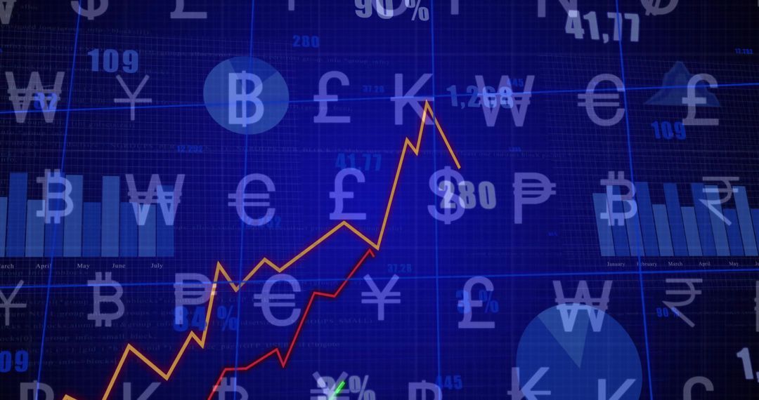 Financial Dashboard with Rising Graphs and Currency Symbols