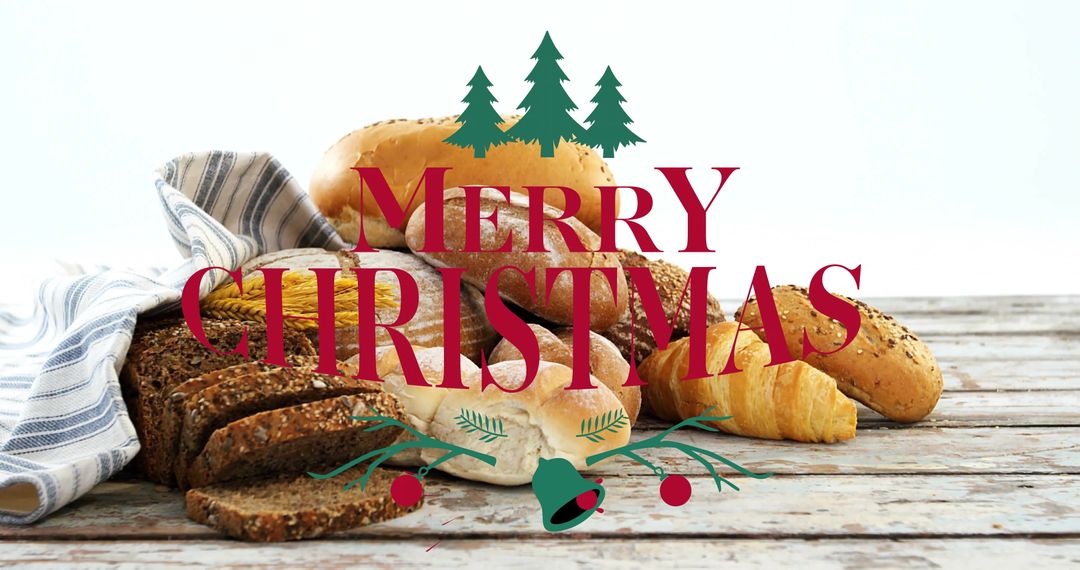 Artisan Breads and Rolls on Rustic Wooden Table with Merry Christmas Overlay
