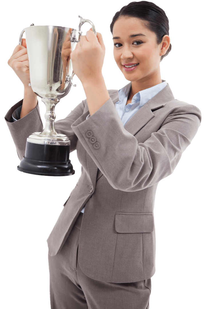 Successful Businesswoman Holding Transparent Trophy in Office Attire
