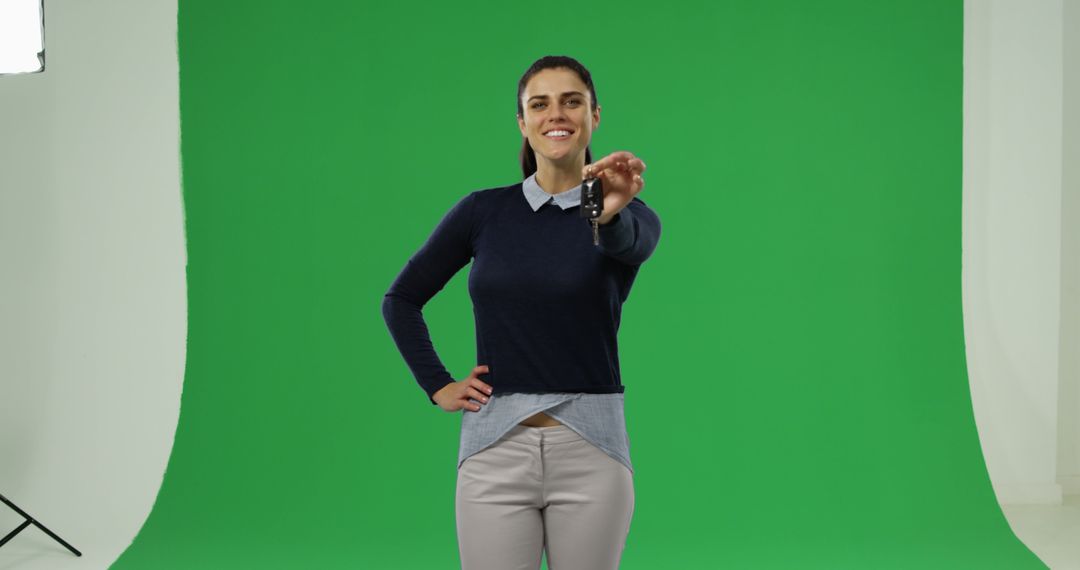 Confident Woman Interacting With Camera In Front Of Green Screen - Free Images, Stock Photos and Pictures on Pikwizard.com