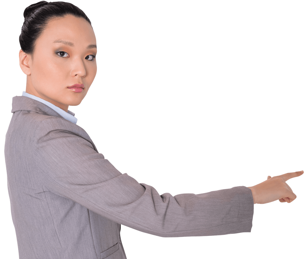 Transparent Asian Businesswoman Pointing Finger with Serious Expression