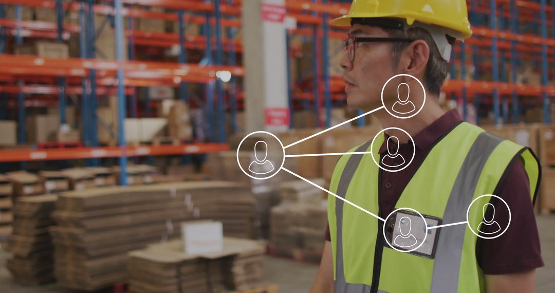 Warehouse Worker with Helmet and Network Overlay Indicates Connectivity