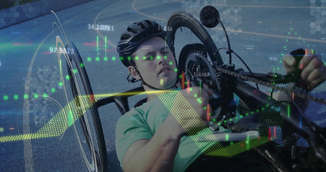 Reclining Cyclist Cranking Handcycle on Track with Futuristic Performance Data Overlay