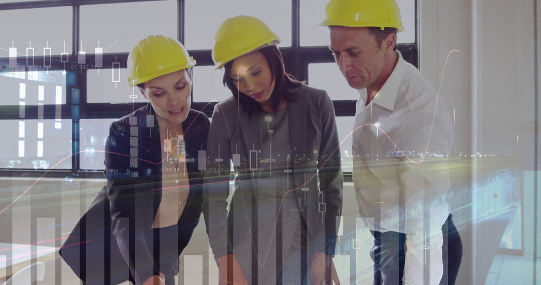 Architects Analyzing Building Plans with Financial Graphs Overlay