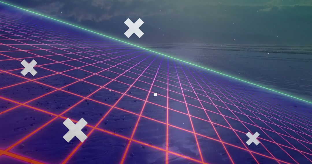Futuristic Synthwave Neon Grid Extending over Mysterious Shoreline