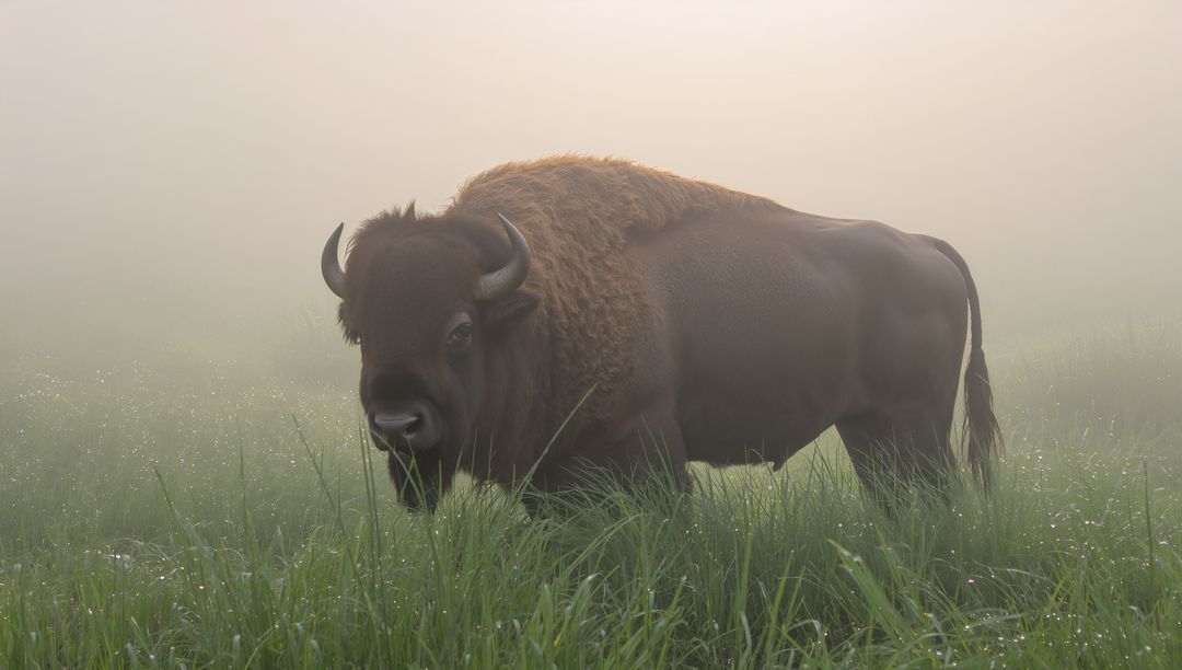 Misty dawn American bison standing in dewy grassland showing shoulder hump, curved horns