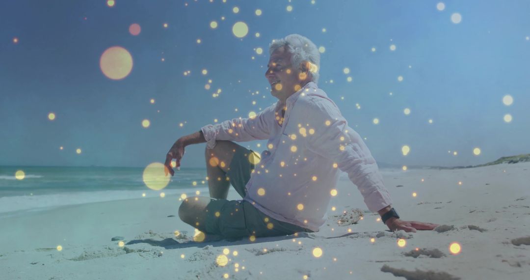Senior Man Relaxing on Tropical Beach with Dreamy Light Effects