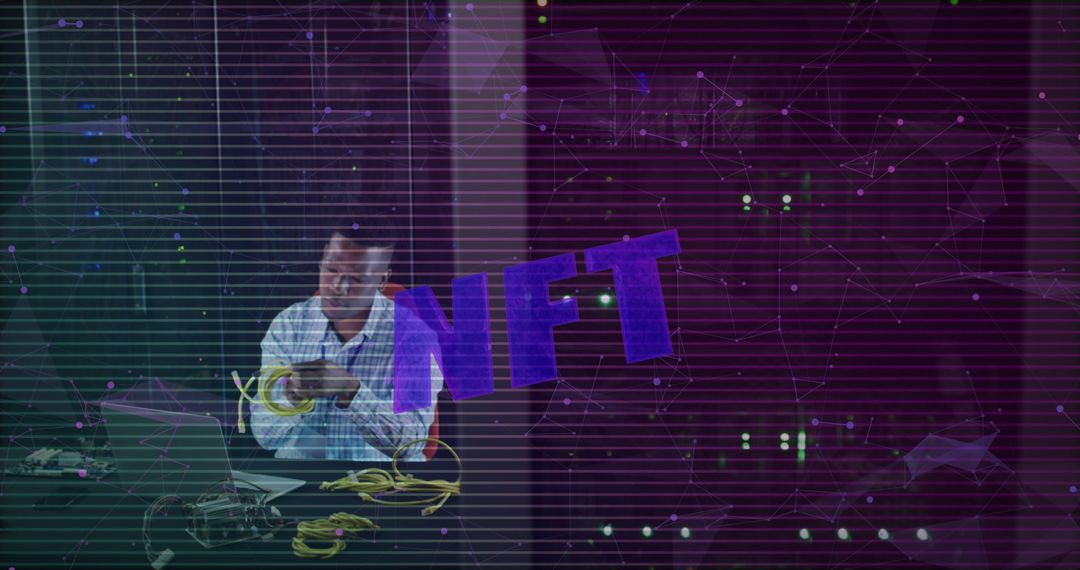 African American Worker in Server Room with NFT Hologram Overlay