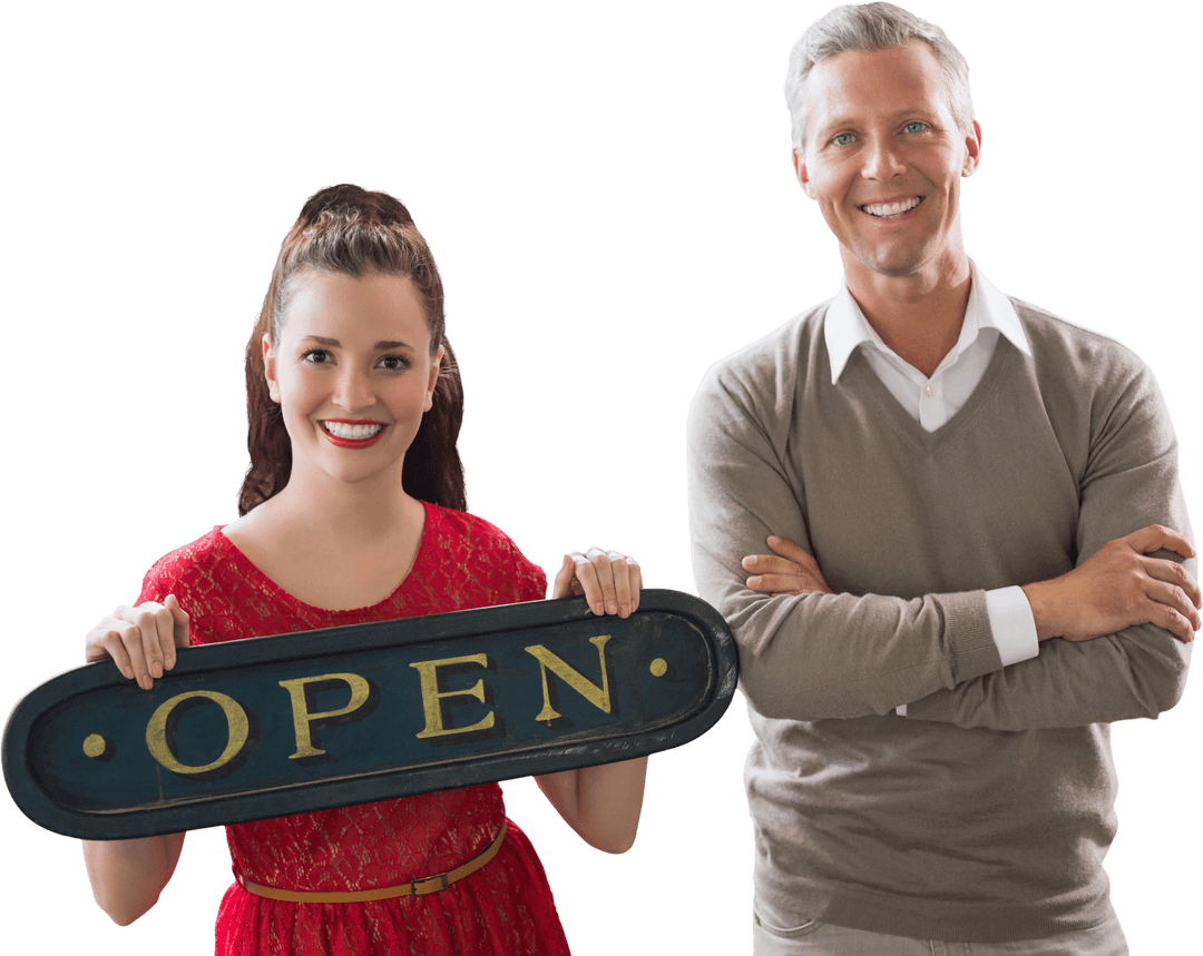 Smiling Coworkers Holding Open Sign, Transparent Background
