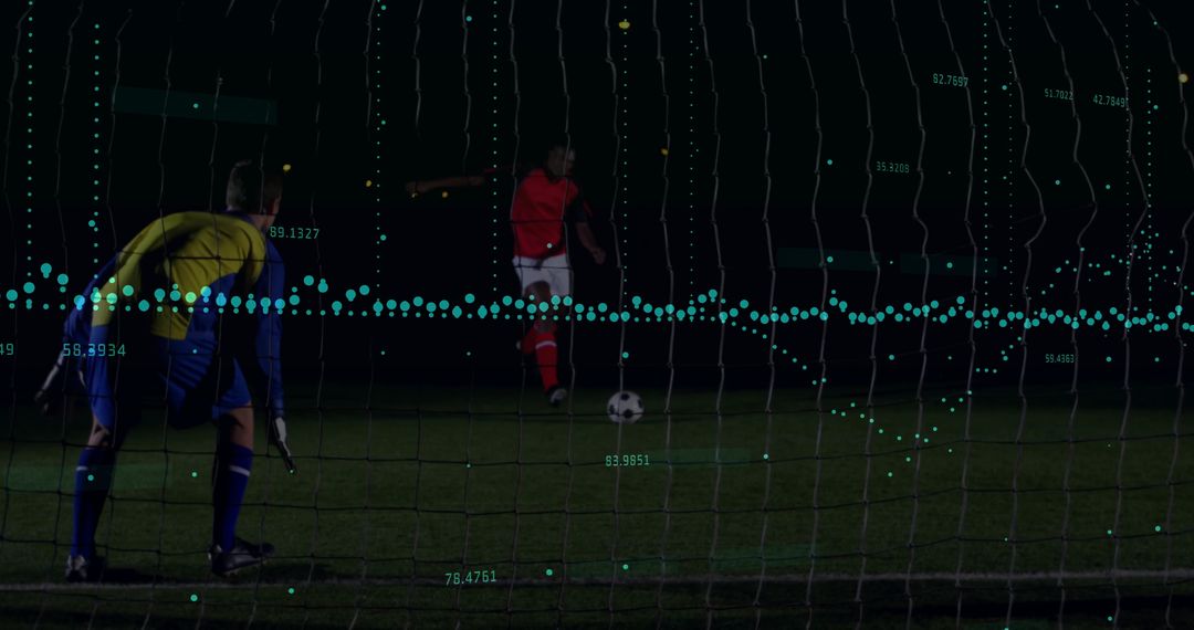Penalty kick under lights with goalkeeper and teal analytics overlay showing trajectory