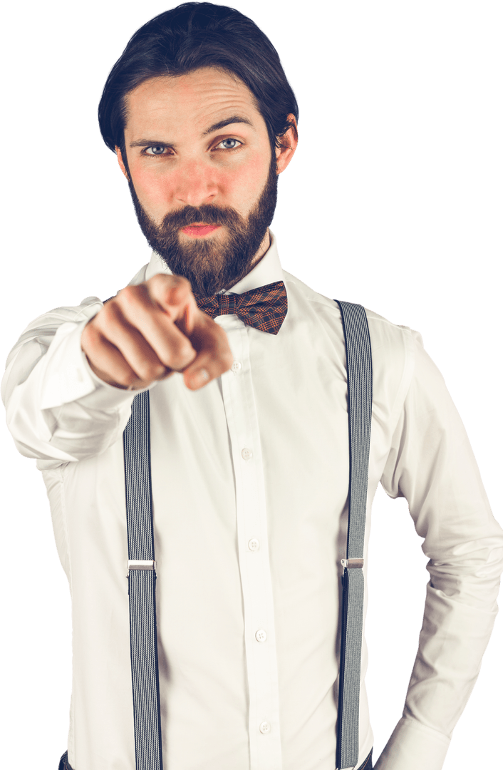 Bearded Man with Bowtie Pointing on Transparent Background