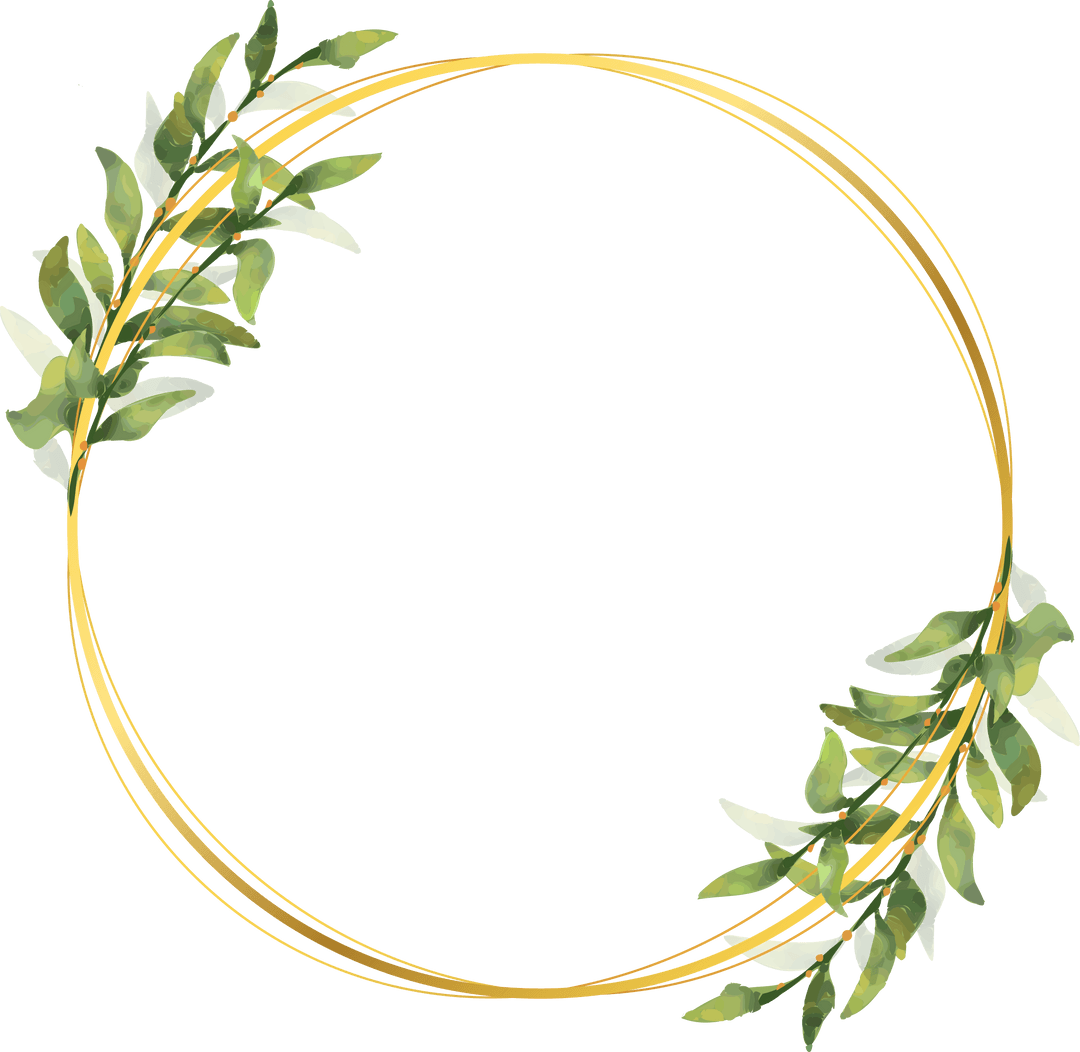 Gold Botanical Wreath with Watercolor Leaves on Transparent Background
