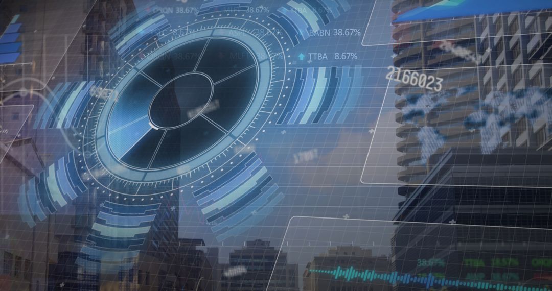 Digital Interface Over City Skyline Depicting Data Processing