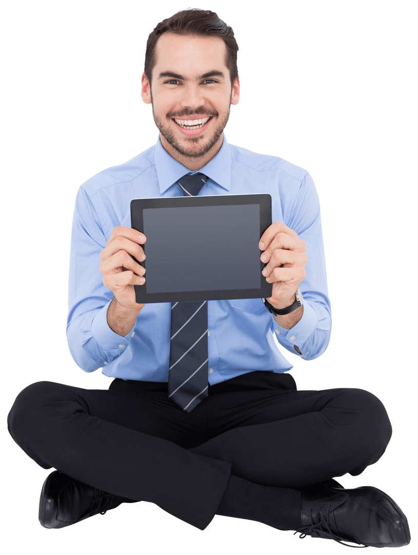 Smiling Businessman Holding Transparent Tablet Display
