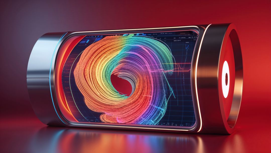 Futuristic metallic cylinder with interactive display swirl, seismograph concept