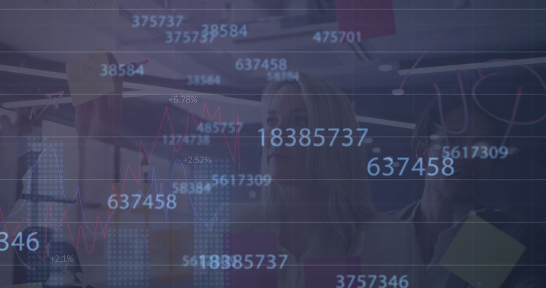 Business Team Discussing Data Analytics with Digital Overlay