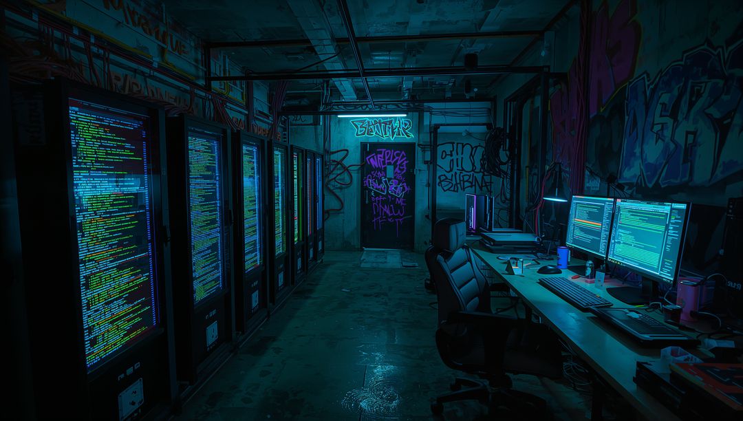 Neon-Lit Server Room with Coding Station in Industrial Setting