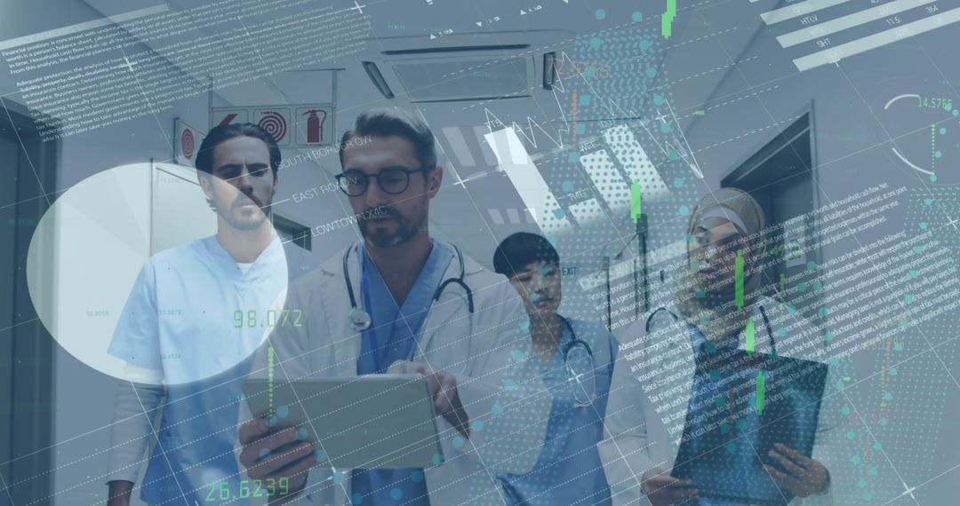 Diverse Medical Team Analyzing X-Rays with Futuristic Graphs