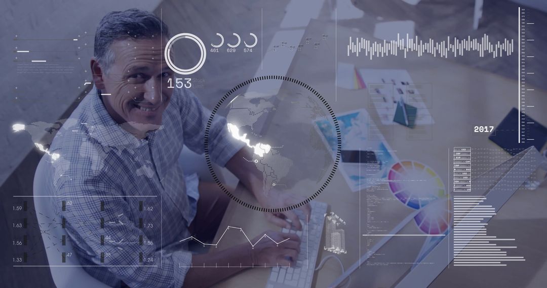 Smiling Man Analyzing Data Digital Charts Desk
