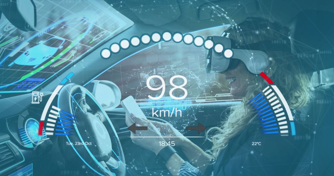 Futuristic Woman Using VR in Autonomous Car with Digital Dashboard