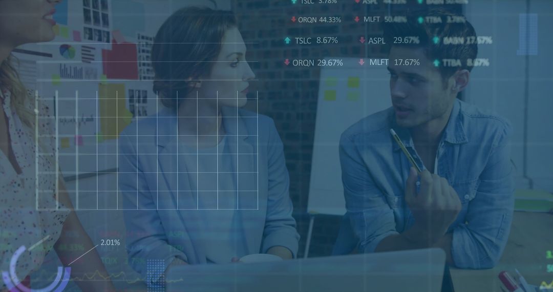 Diverse Team Discussions with Financial Data Overlay in Workspace