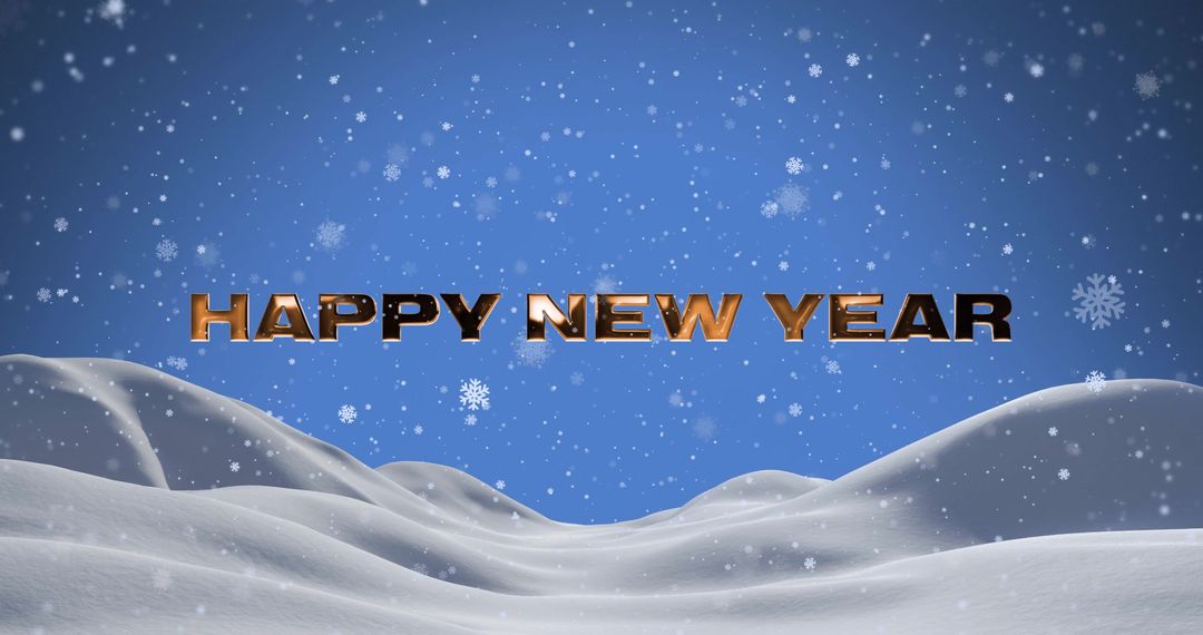 Happy New Year Text With Falling Snowflakes on Blue Background