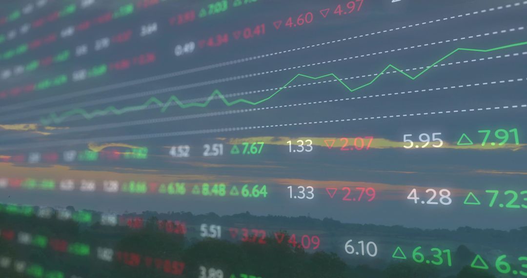 Dusk Skyline with Translucent Stock Market Ticker Overlay Showing Market Trends and Data