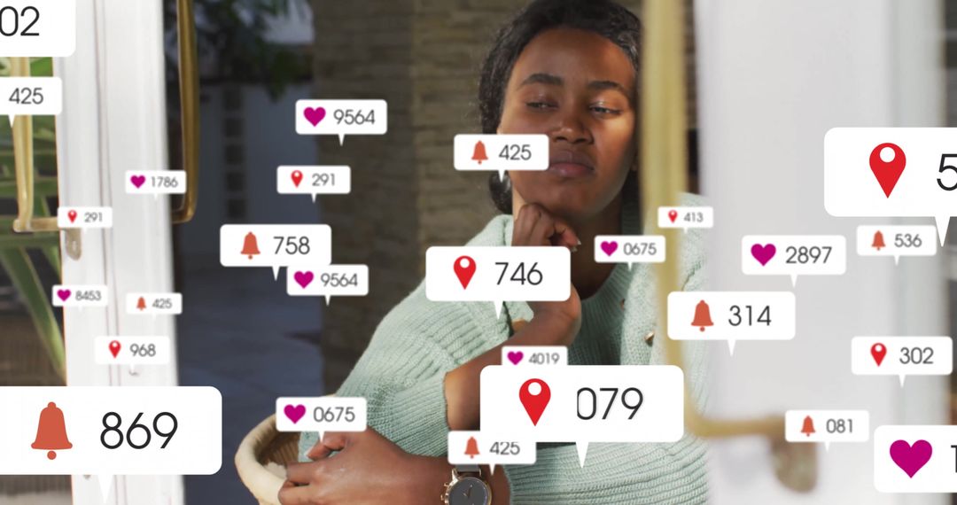 Contemplative Woman Amidst Dynamic Social Media Notifications