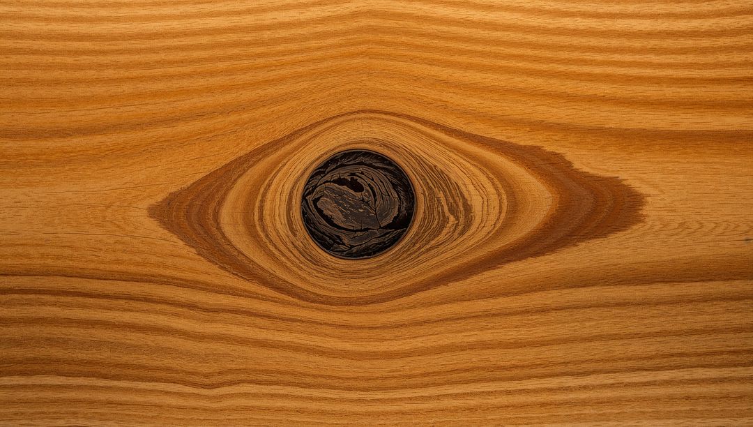 Centered Wood Knot Showing Concentric Grain Rings on Amber Polished Timber Surface