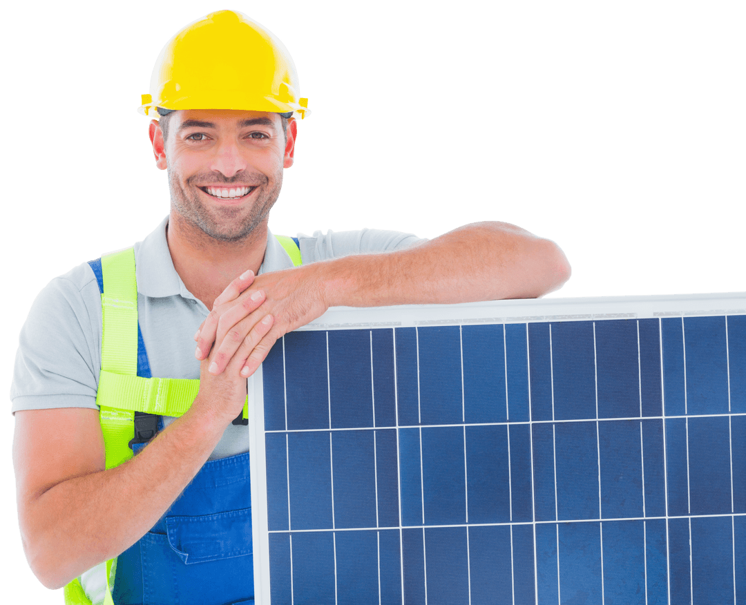 Smiling Worker with Photovoltaic Panel on Transparent Background