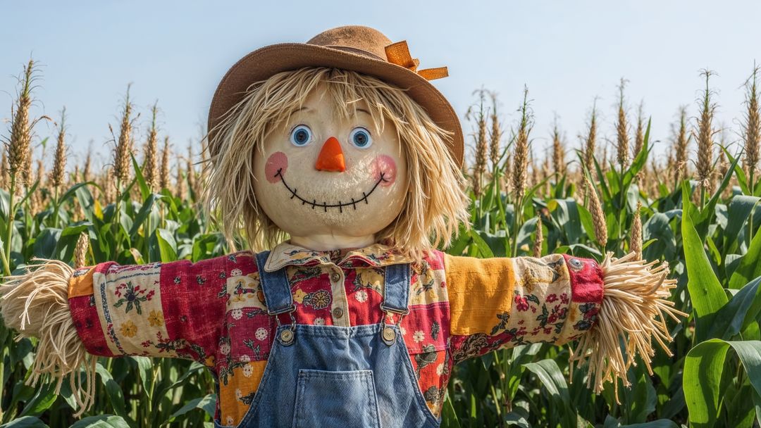 Whimsical Scarecrow in Vibrant Fields