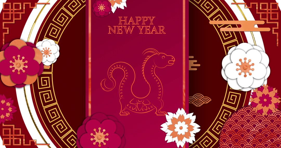 Chinese New Year Celebration with Dragon and Floral Design on Red Background - Free Images, Stock Photos and Pictures on Pikwizard.com