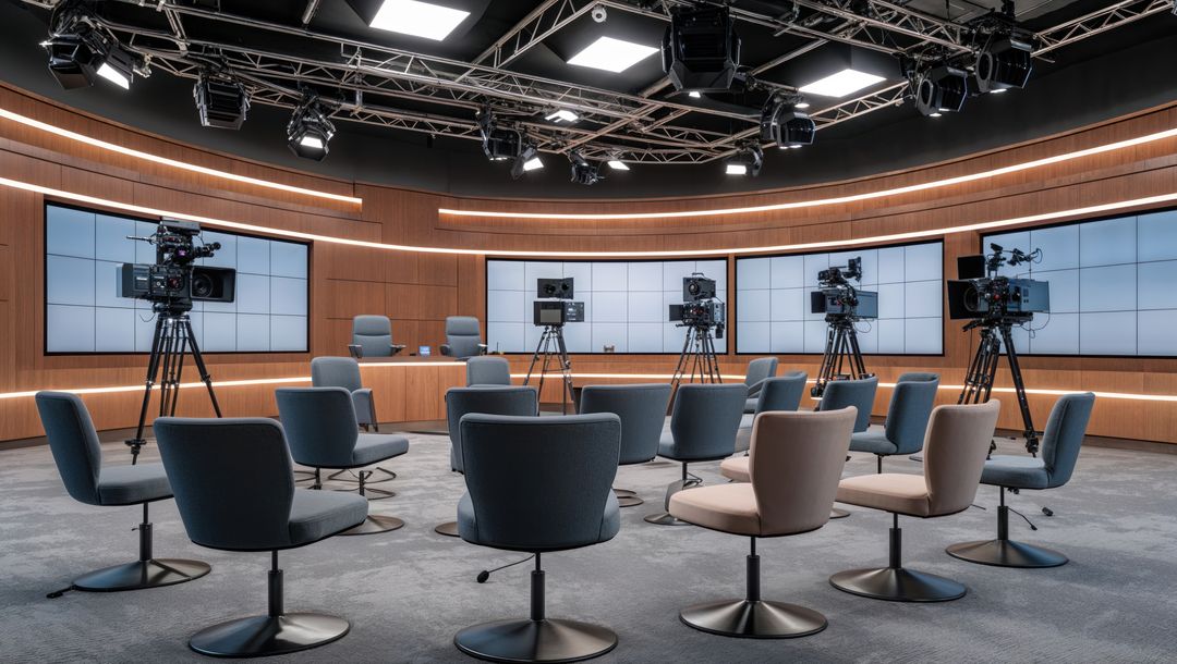 Broadcast Studio with Cameras and LED Wall Displays