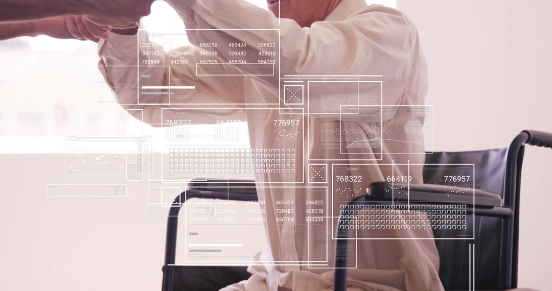 Senior Caregiver Lifting Man in Wheelchair with Augmented Interface Showing Health Data