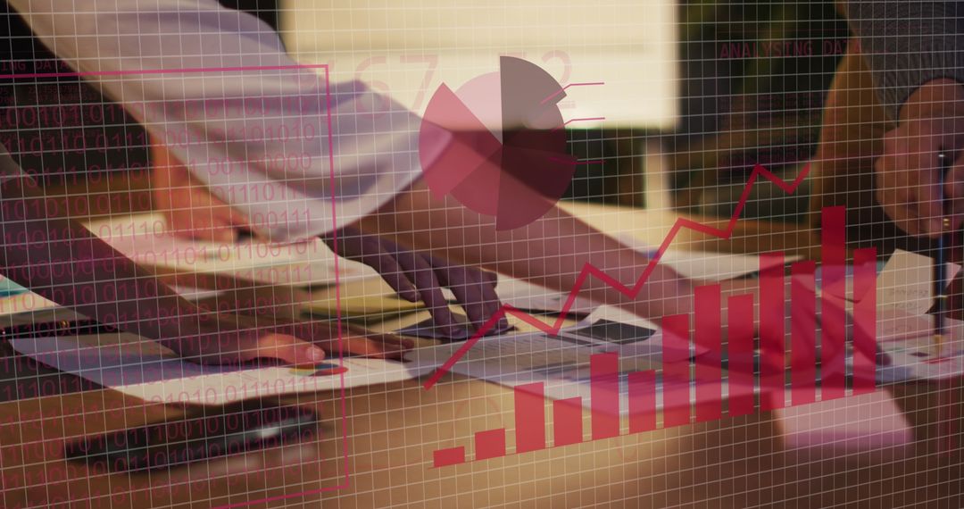 Collaborative Business Team Analyzing Financial Data with Graph Overlays