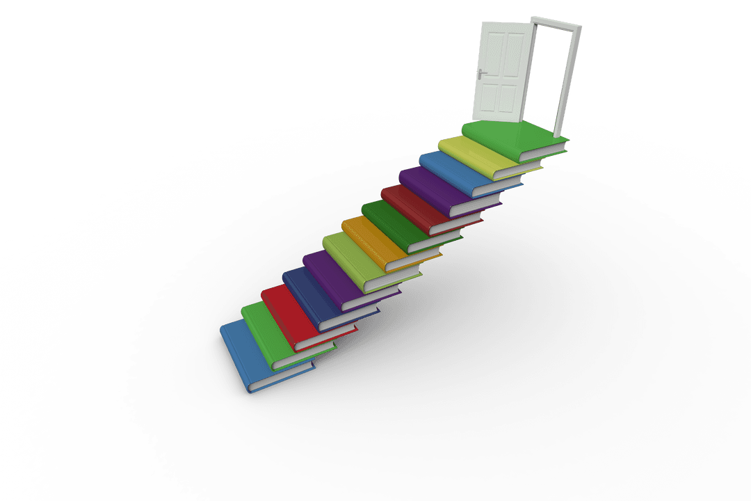 Stairway of Colorful Books Leading to Open Door on Transparent Background