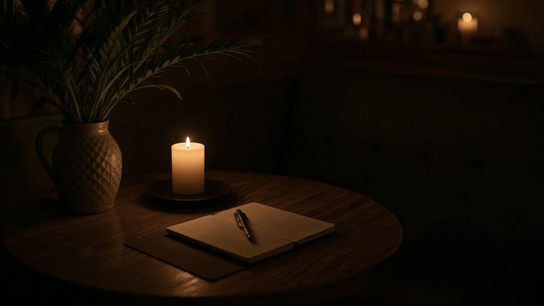 Cozy Candle-Lit Table with Notebook and Pen in Rustic Setting