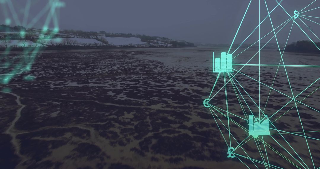 Tech Network Overlaying Mudflats and Snowy Hills with Iconography