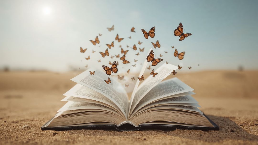 Open Book with Monarch Butterflies in Desert Scene