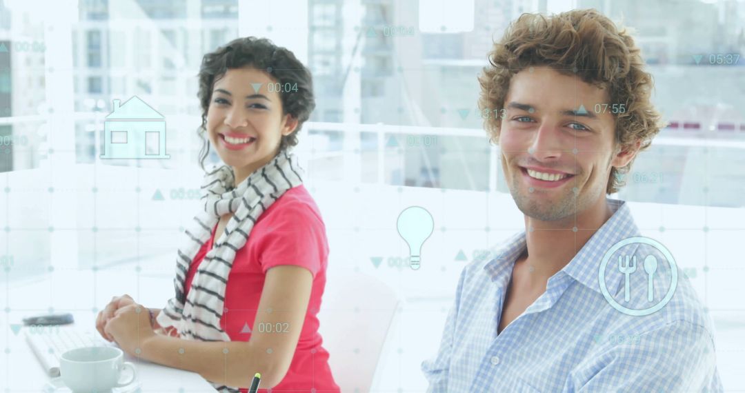 Smiling Colleagues in Modern Office with Digital Icons