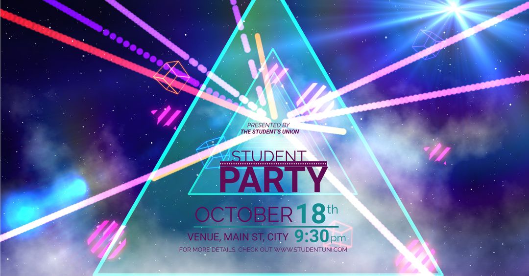 Cosmic Student Party Invitation with Vibrant Light Beams