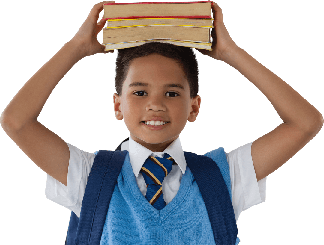 Smiling Schoolboy Balancing Books on Head Transparent Background